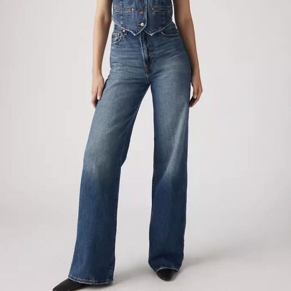 Levi's Premium Ribcage Wide Leg Blue Jeans Women’s 31x32 High Rise Cotton Big E - Picture 3 of 14